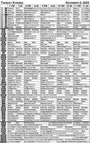 TV listing: Tuesday, Dec. 2, 2025